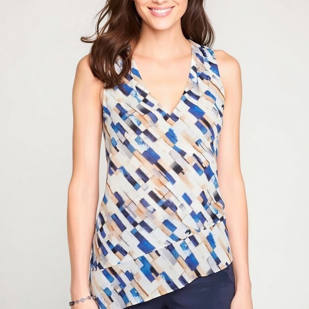 WHBM Blue Geometric Asymmetrical 100% Silk V-Neck Top S